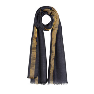 Denim Blue Gold Striped Wool Silk Scarf - Thumbnail