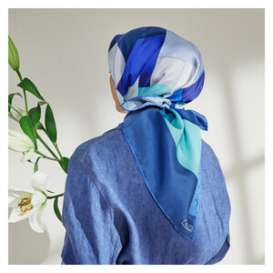 Denim Blue Lego Print Silk Twill Scarf - Thumbnail