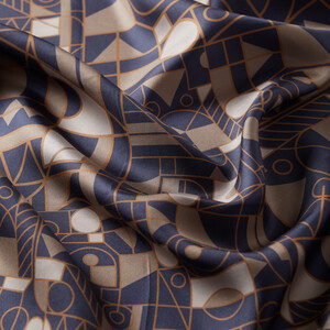 Denim Blue Mosaic Patterned Twill Silk Scarf - Thumbnail