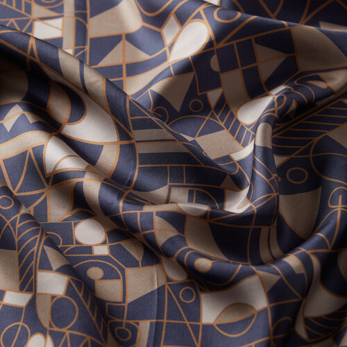 Denim Blue Mosaic Patterned Twill Silk Scarf