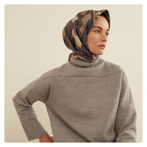 Denim Blue Mosaic Patterned Twill Silk Scarf - Thumbnail