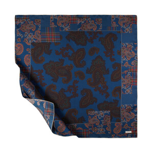 Denim Blue Patchwork Patterned Twill Silk Scarf - Thumbnail