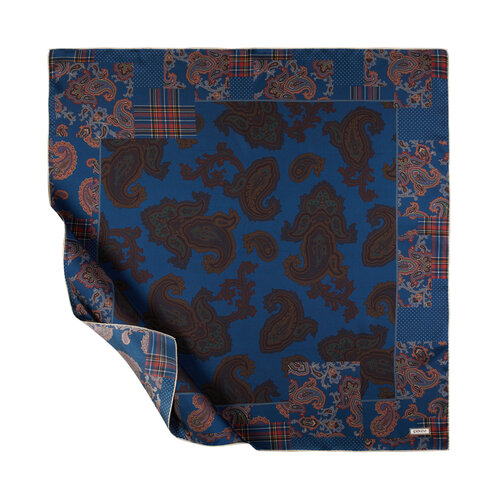 Denim Blue Patchwork Patterned Twill Silk Scarf