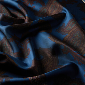 Denim Blue Patchwork Patterned Twill Silk Scarf - Thumbnail