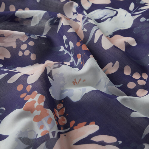 Denim Blue Peony Patterned Cotton Scarf 