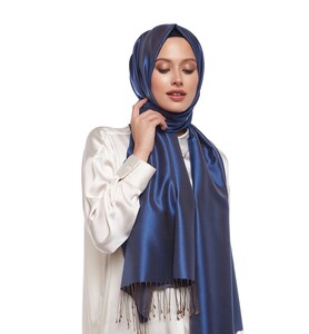 Denim Blue Reversible Silk Scarf - Thumbnail