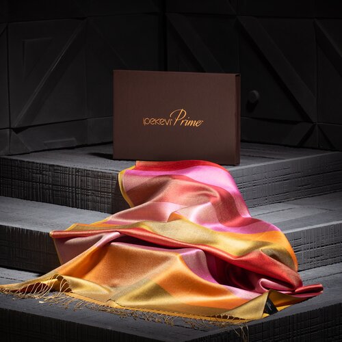 شال حرير فاخر ذو وجهين مخطط لون أصفر وفوشي