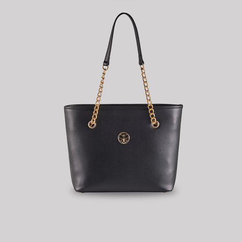 Düz Siyah Monogram Zincir Detaylı Tote Çanta