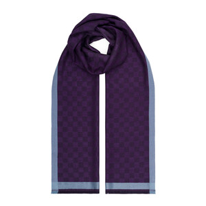 Elegant Purple Checkered Wool Silk Scarf - Thumbnail