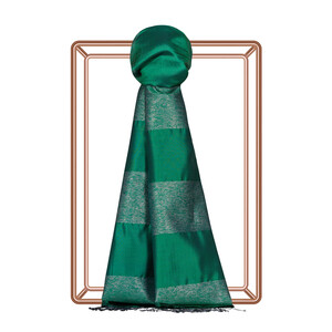 Emerald Green Block Lurex Striped Silk Scarf - Thumbnail