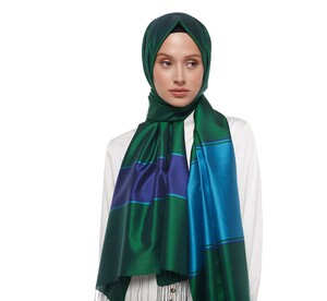 Emerald Green Striped Silk Scarf - Thumbnail