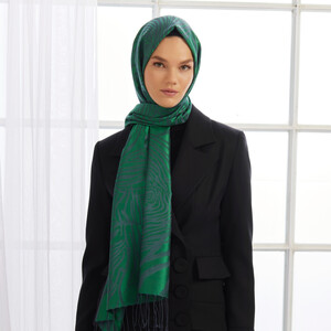 Emerald Green Zebra Jacquard Silk Scarf - Thumbnail