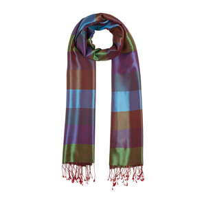 Emerald Plum Block Striped Reversible Silk Scarf - Thumbnail