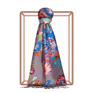 Fig Purple Chrysanthemum Print Silk Scarf - Thumbnail