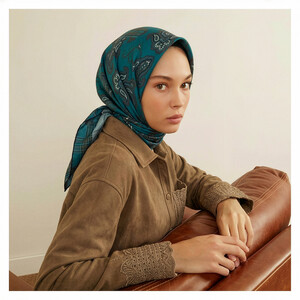 Forest Green Patchwork Patterned Twill Silk Scarf - Thumbnail