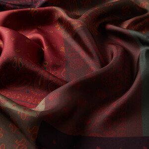 Fuchsia Patchwork Patterned Twill Silk Scarf - Thumbnail