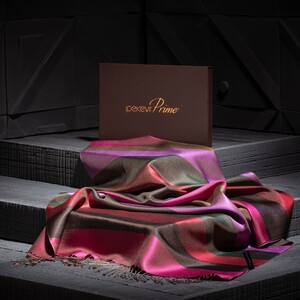 ipekevi - شال حرير فاخر ذو وجهين مخطط لون فوشي ورمادي