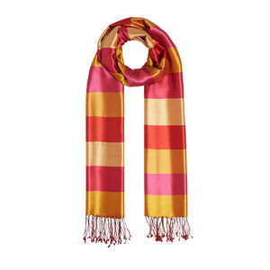 Gold Fuchsia Block Striped Reversible Silk Scarf - Thumbnail