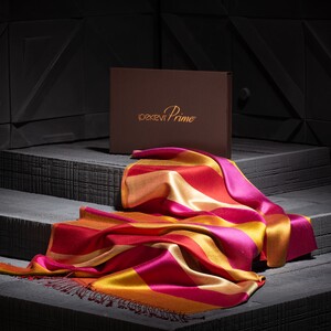 Gold Fuchsia Block Striped Reversible Silk Scarf - Thumbnail