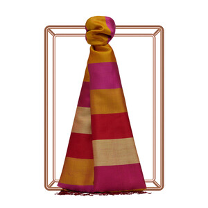 Gold Fuchsia Block Striped Reversible Silk Scarf - Thumbnail