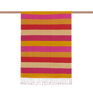 Gold Fuchsia Block Striped Reversible Silk Scarf - Thumbnail