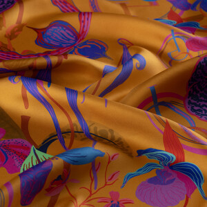 Gold Mono Orchid Print Silk Scarf - Thumbnail
