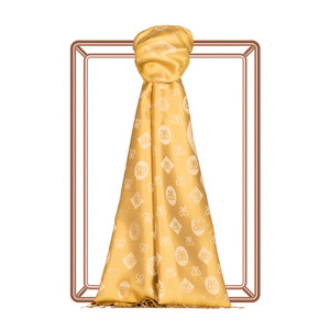 Gold Monogram Print Silk Scarf - Thumbnail