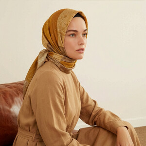 Gold Patchwork Desenli Tivil İpek Eşarp - Thumbnail