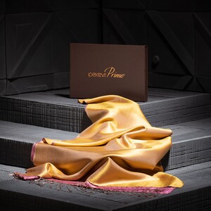 ipekevi - شال حرير فاخر ذو وجهين لون وردي وذهبي