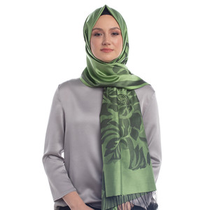 Grass Green Royal Garden Jacquard Silk Scarf - Thumbnail