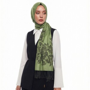 Grass Green Royal Garden Jacquard Silk Scarf - Thumbnail