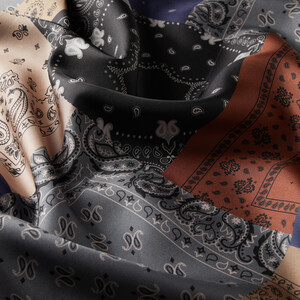 Gray Black Patchwork Patterned Twill Silk Scarf - Thumbnail