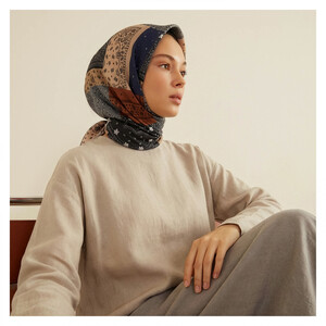 Gray Black Patchwork Patterned Twill Silk Scarf - Thumbnail