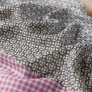Gray Burgundy Karo Print Wool Silk Scarf - Thumbnail