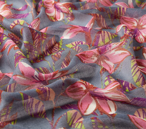 Gray Lily Print Wool Silk Scarf - Thumbnail