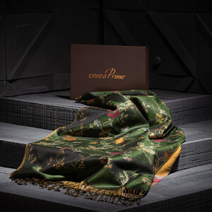 Green Brocade Reversible Prime Silk Scarf - Thumbnail