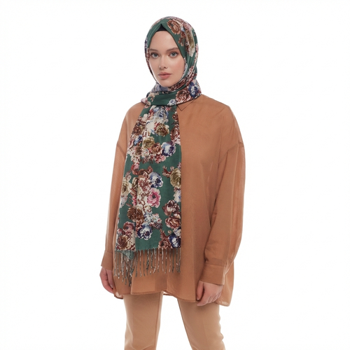 Green Fleur Print Silk Scarf