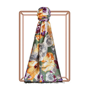 Green Floral Chaos Print Silk Scarf - Thumbnail