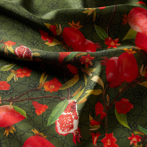 Green Pomegranate Flower Monogram Print Silk Twill Scarf