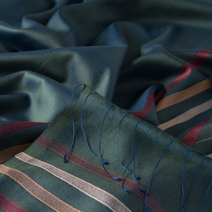Green Thin Striped Silk Scarf - Thumbnail
