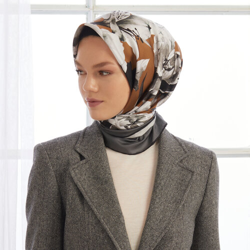 Grey Brown Bouguet Twill Silk Scarf