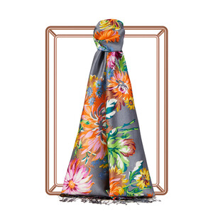 Grey Chrysanthemum Print Silk Scarf - Thumbnail