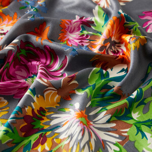 Grey Chrysanthemum Print Silk Scarf - Thumbnail