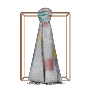 Grey Patchwork Patterned Silk Scarf - Thumbnail