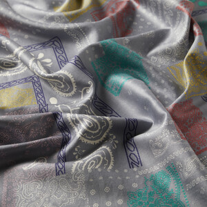 Grey Patchwork Patterned Silk Scarf - Thumbnail