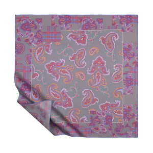 Grey Patchwork Patterned Twill Silk Scarf - Thumbnail