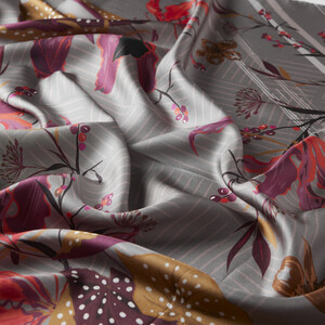 Grey Wild Flowers Twill Silk Scarf - Thumbnail