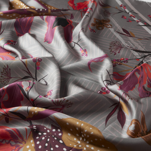 Grey Wild Flowers Twill Silk Scarf
