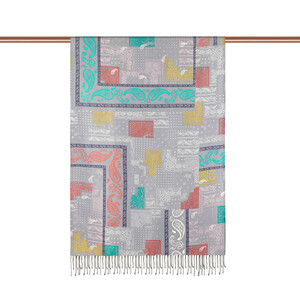 Gri Patchwork Desenli İpek Şal - Thumbnail