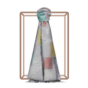 Gri Patchwork Desenli İpek Şal - Thumbnail